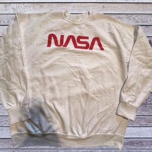 NASA Large Sweatshirt Men White Good Graphic Red Worm Logo Space Crewneck
